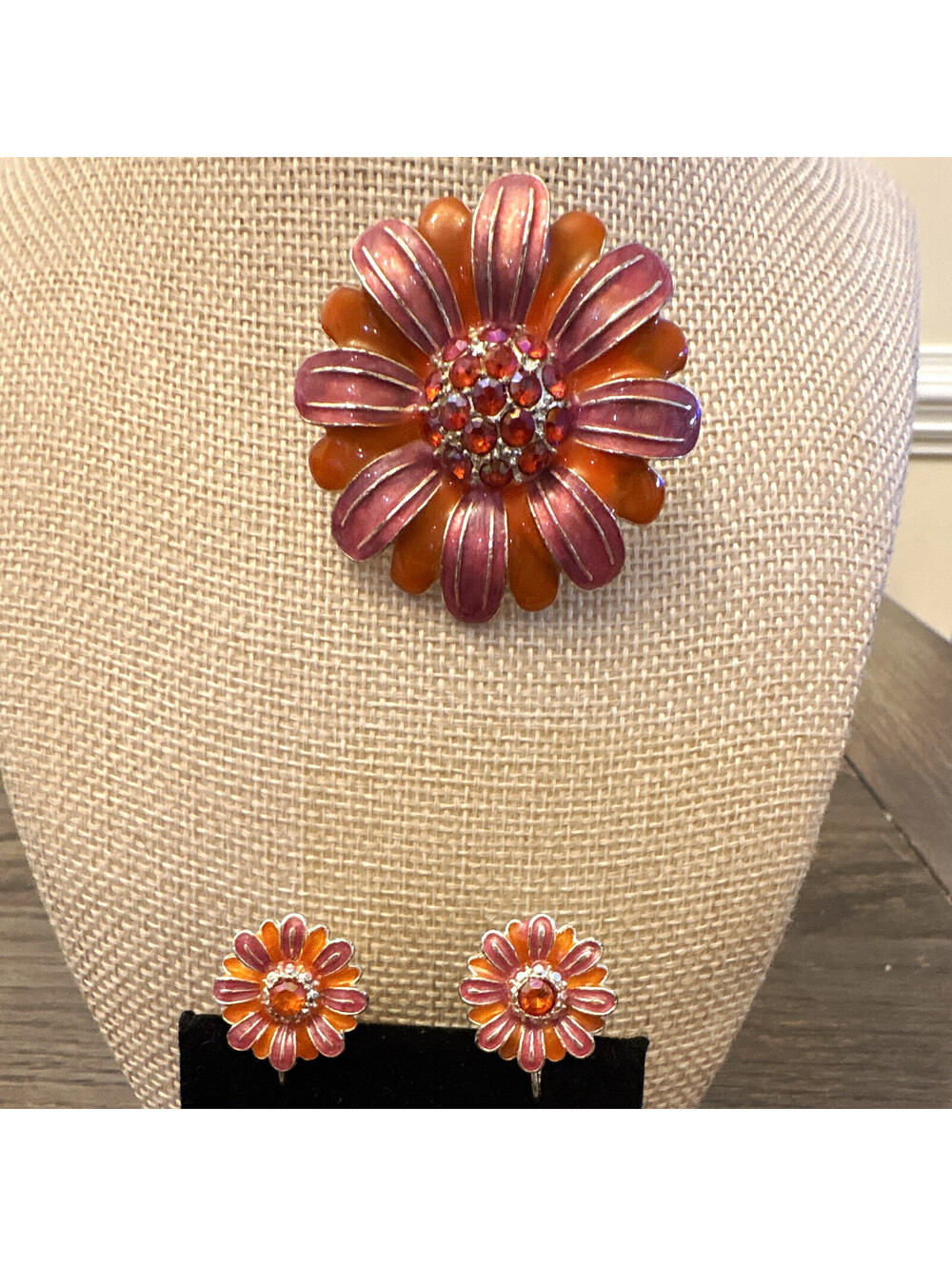 Estate Avon Pink Enamel Rhinestone Flower brooch & Earrings